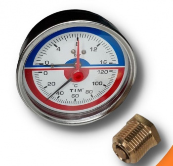 Термоманометр с задним подключением, D 80 мм, 1/2", 16 бар 0-120°C, TIM