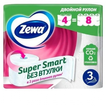 Бумага туалетная "Zewa Super Smart" 3-х сл. б/втулки белая 4