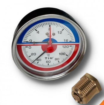 Термоманометр с задним подключением, D 63 мм, 1/2", 16 бар 0-120°C, TIM