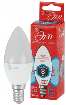 Лампа светодиодная B35-8w E14 4000К, нейтральный белый  ЭРА ECO (свеча)