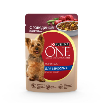 Влажный корм Purina ONE для взрослых собак с говядиной, картофелем и горохом в подливе 85 г