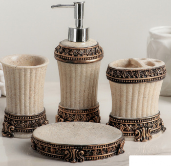 Набор Вензеля, 4 предмета: дозатор 200 мл, мыльница, 2 стакана, бежевые