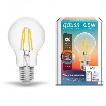 Лампа умная Gauss Smart Home Filament А60 6,5W 806lm 2000-6500К E27, диммируемая