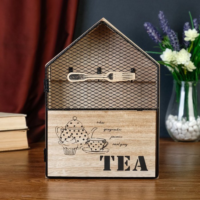 4762530 Ключница дерево 6 крючков Чаепитие 28х20х6 см