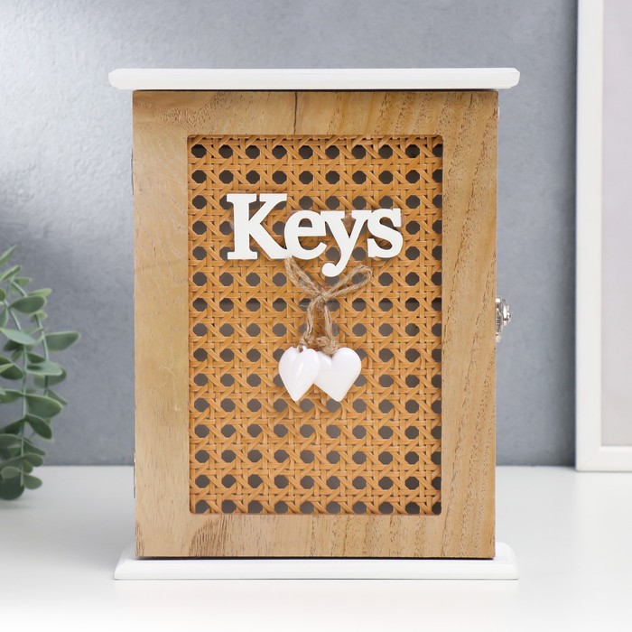 4525550 Ключница дерево 6 крючков Два сердца и рогожка 26х19х5,8 см.