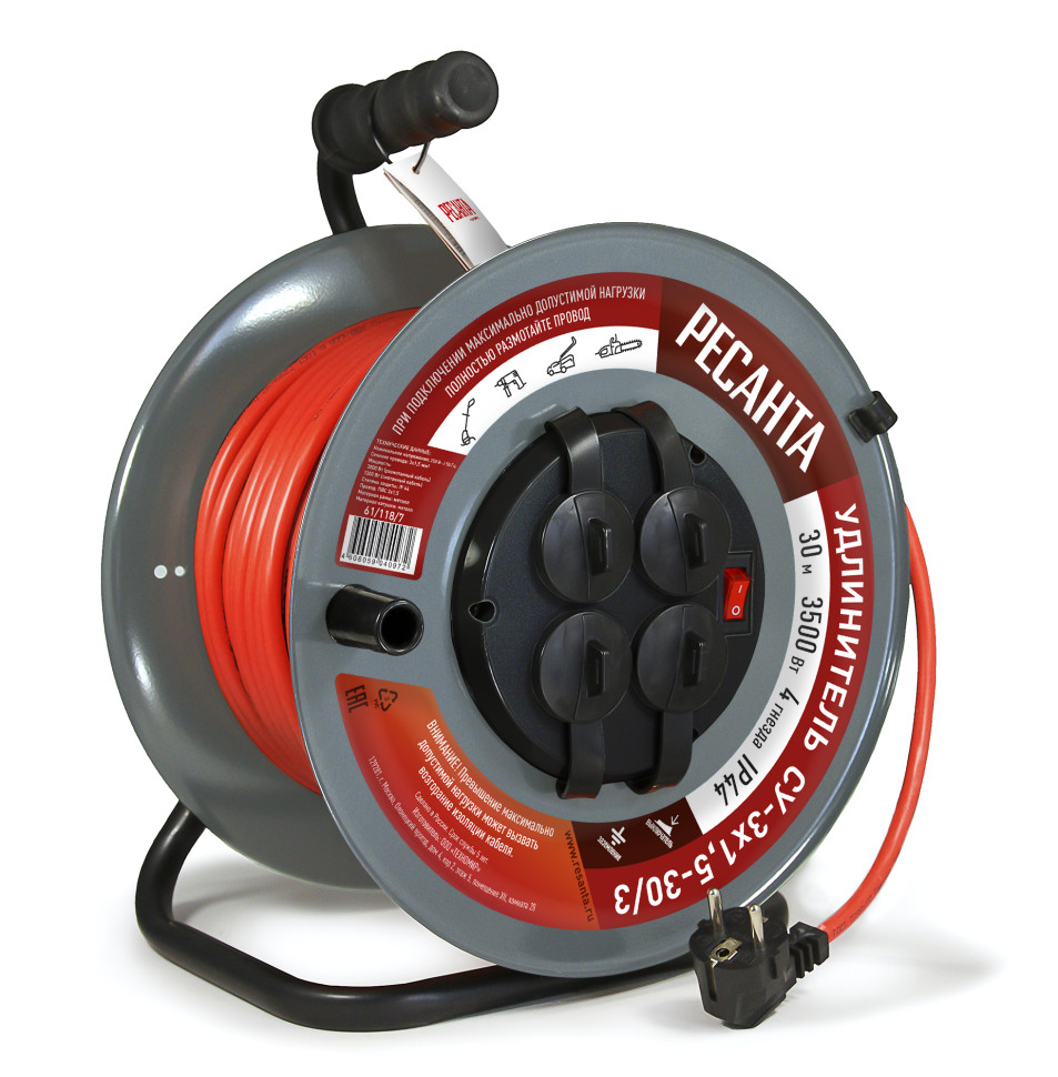 GP-00067782 61-118-8 Удлинитель силовой Ресанта 50м 4гн на металлической катушке, СУ-3х1,5-50-3 (с выкл 4 розетки, IP44)
