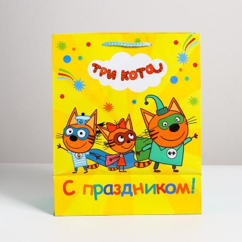 Пакет бумажный подарочный Три Кота, С Праздником!, 32х26х14 см