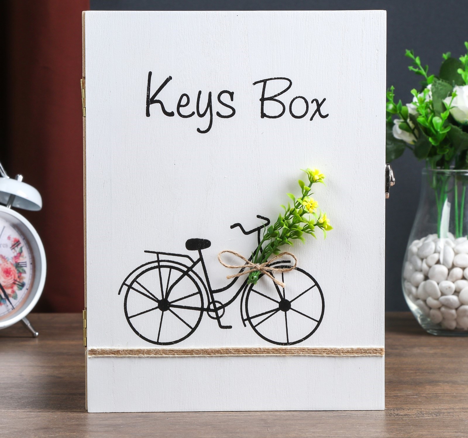 4650564 Ключница дерево 6 крючков Велосипед с цветами 26х19,5х5,5 см