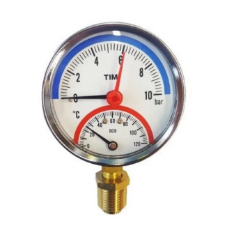 Термоманометр с нижним подключением, D 63 мм, 1/2", 10 бар 0-120°C, TIM