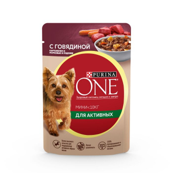 Влажный корм Purina ONE МИНИ для активных собак с говядиной картофелем и морковью в подливе 85 г