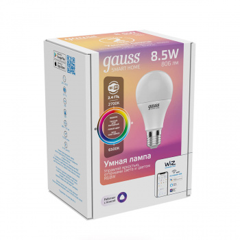 Лампа умная Gauss Smart Home A60 8,5W 806lm 2700-6500К E27 RGBW, диммируемая