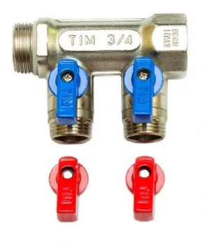 Коллектор 2 выхода 3/4"х1/2" с шаровыми кранами, никель, красн+син ручки, TIM