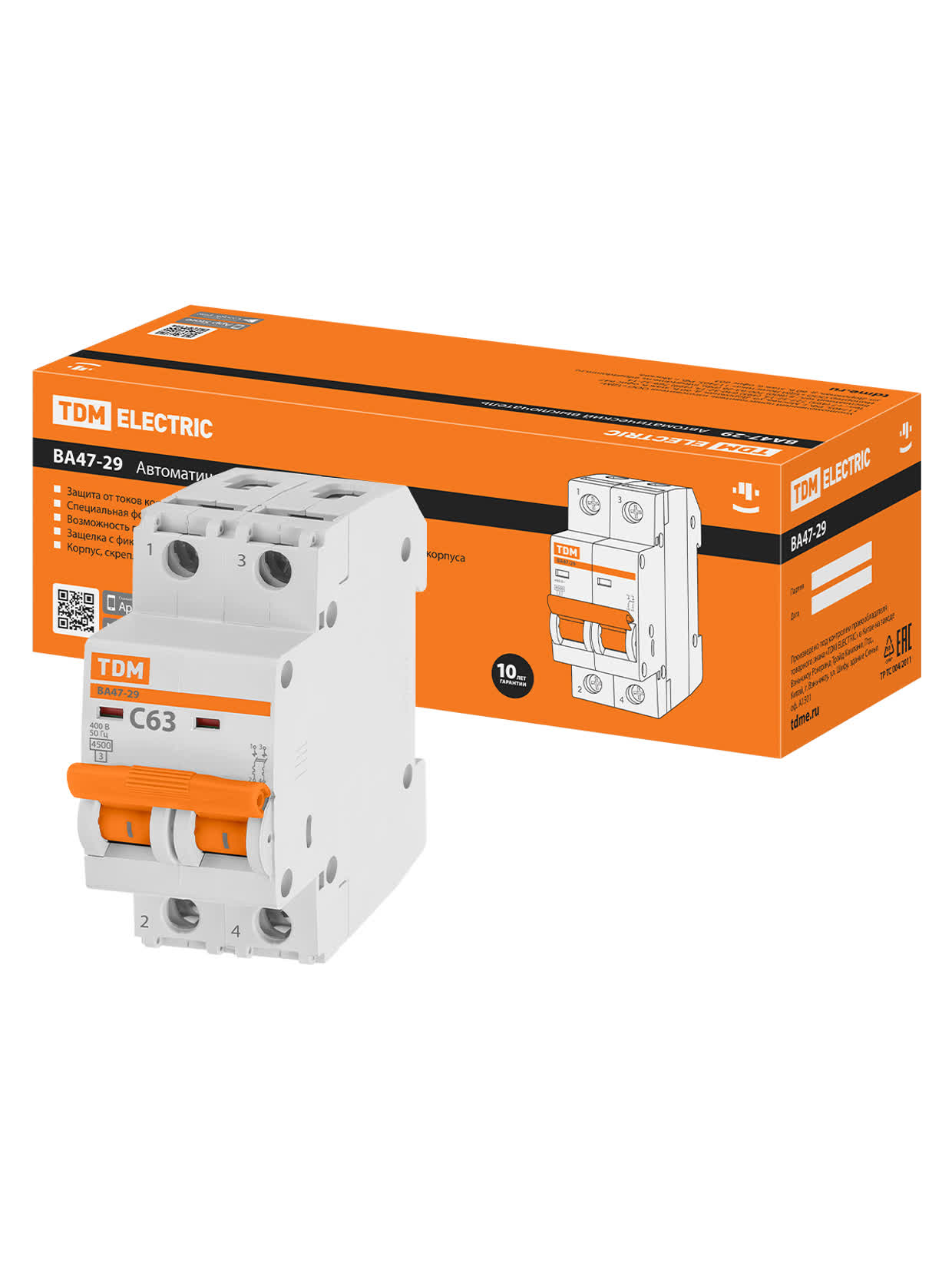 SQ0206-0099 Автоматический выключатель 2P 63А 4,5кА х-ка С ВА47-29 TDM