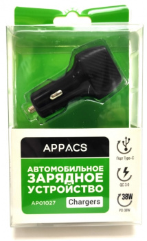 Автомобильное зарядное устройство APPACS (рус.) AP01027, 1USB+1USBC 38W