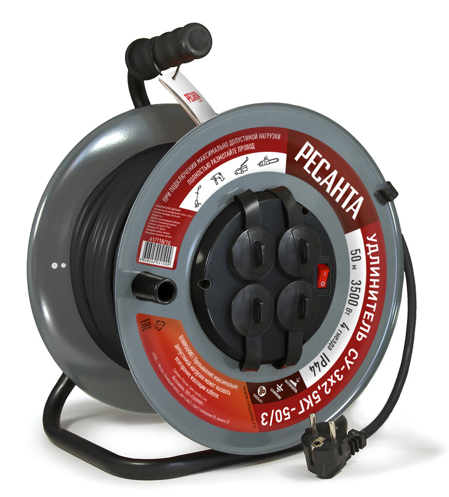GP-00038812 61-118-10 Удлинитель силовой Ресанта 50м 4гн на металлической катушке СУ-3х2,5КГ-50-3 (с выкл 4 розетки IP44)