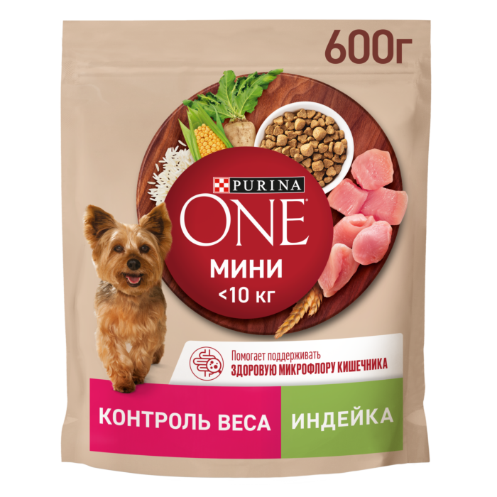 12363219 Корм сухой Purina ONE Мини для собак мелких пород здоровый вес с индейкой и рисом 600г
