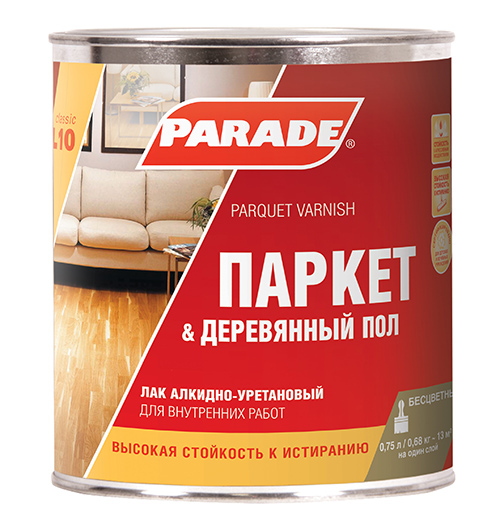 Лак PARADE L10 паркетный алкидно-уретановый  Паркет & Деревянный пол Глянцев., 0,75л