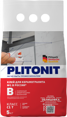 Клей для кафеля и керамогранита Плитонит В усиленный армирующими волокнами 5кг
