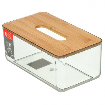 Коробка для бумажных салфеток пластик дерево 23х13х10 см прозрач с бамбуковой крышкой