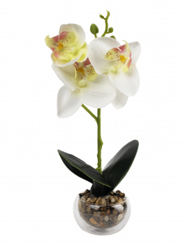 Цветок Белая Орхидея из полиэстера в кашпо из стекла 25*8*8см