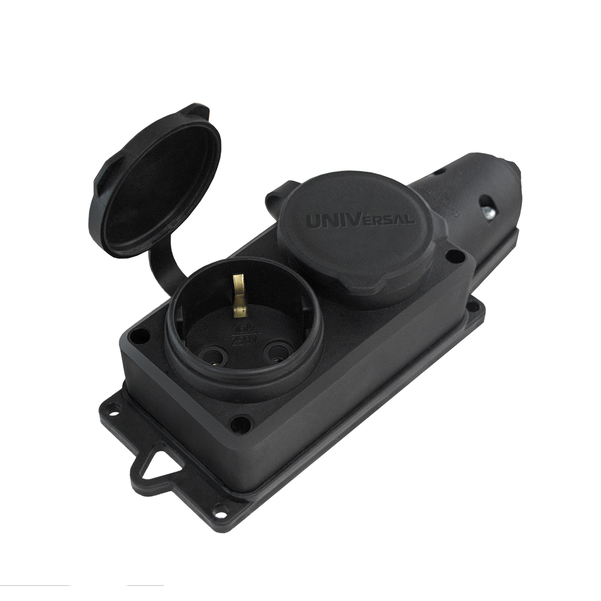 1788 Колодка UNIVersal 2-х местная однофазная с заглушками КОМПАКТ с-з каучук 16А 250В IP44(еврослот)