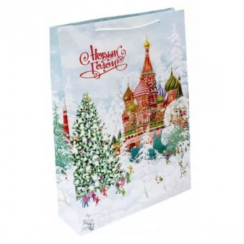 Бумажный пакет Кремль для сувенирной продукции, с ламинацией, с шириной основания 33 см, плотность б