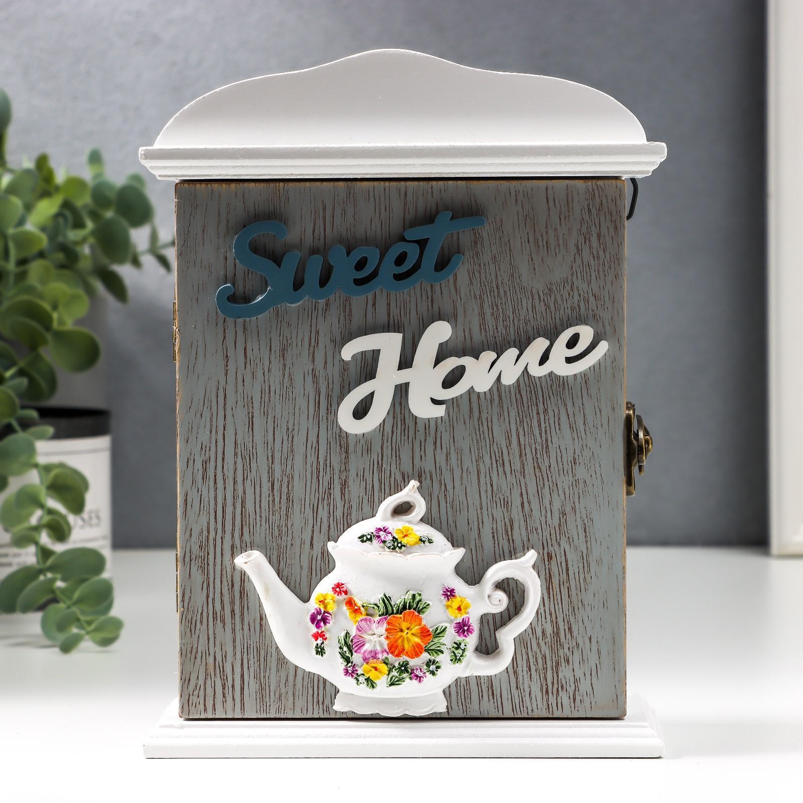6897555 Ключница дерево 2 крючка Чайничек цветочный-Sweet home 20,5х6х15 см.