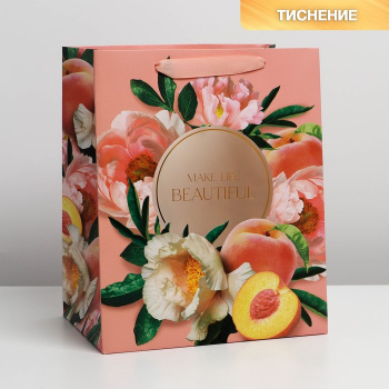 Пакет ламинированный с пластиковым окном «Персики», 30,5 × 25 × 17,5 см       