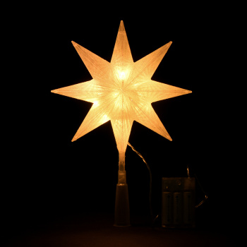 Верхушка на ёлку "Звезда 8-конечная", белая, 10 LED теплый, 22*5.5*30см, с таймером, батарейки АА*3 
