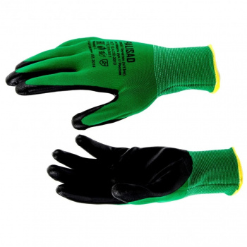 Перчатки полиэфир зеленые с черным нитрильным покрытием маслобензостойкие, L, 15 класс // Palisad