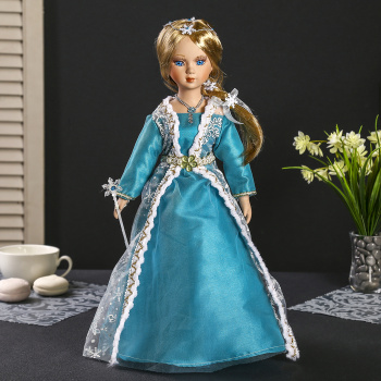 Кукла коллекционная керамика "Ариадна в голубом платье с белыми цветами" 40 см   