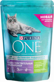 Корм сухой Purina ONE для кошек с чувствительным пищеварением Индейка 200г