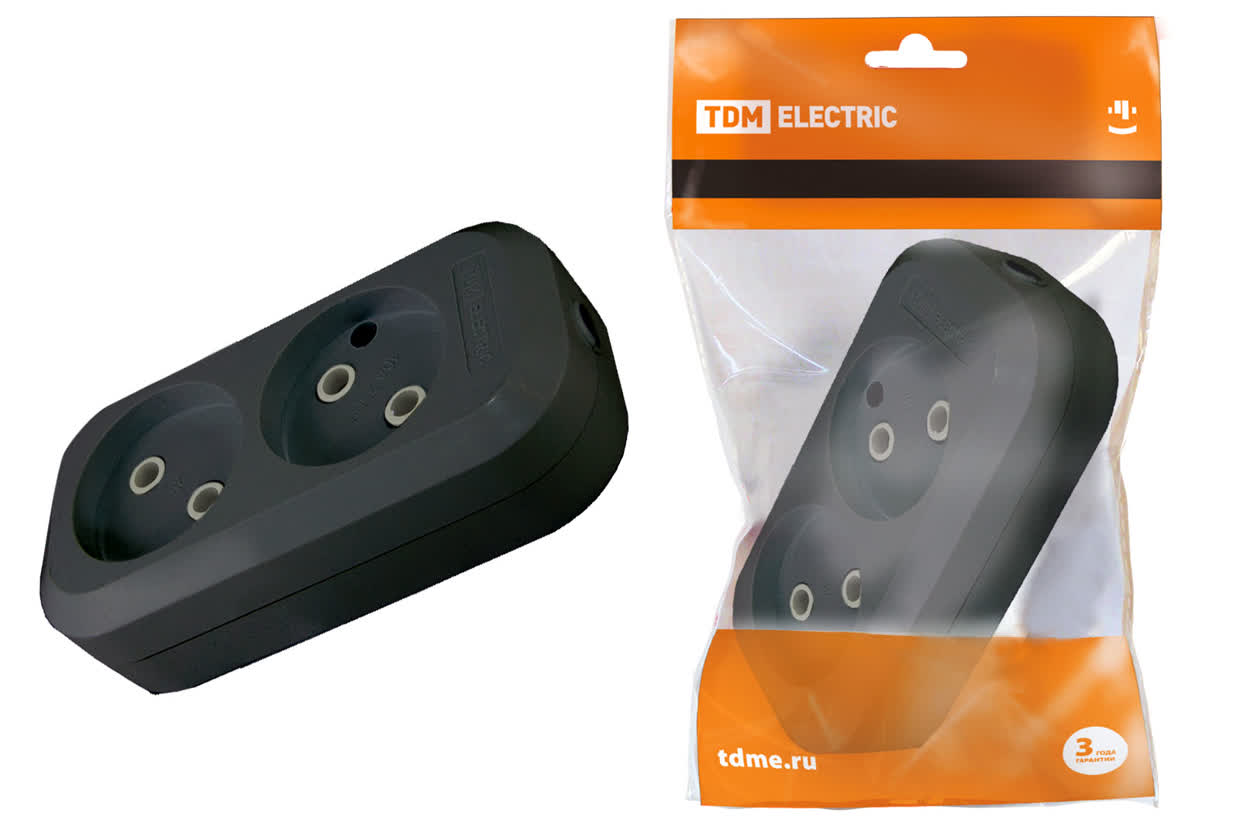 SQ1806-0112 Колодка розеточная 2 гнезда 2П б-з 10А 250В черная TDM