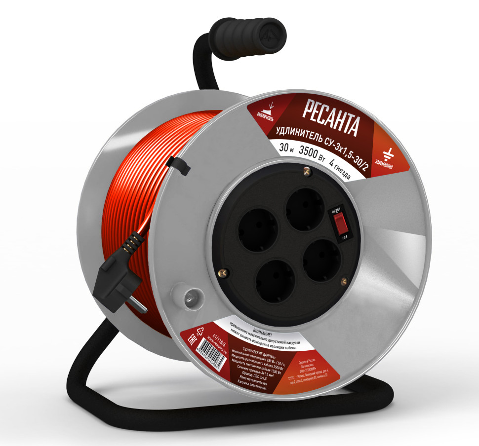 GP-00038809 61-118-6 Удлинитель силовой Ресанта 30м 4гн на катушке, СУ-3х1,5-30-2 (с выкл., 4 розетки)