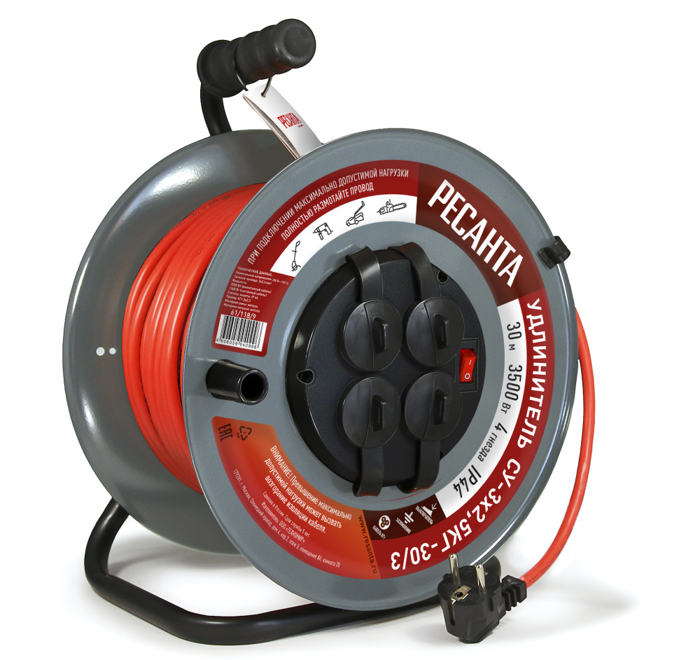 GP-00038811 61-118-9 Удлинитель силовой Ресанта 30м 4гн на металлической катушке СУ-3х2,5КГ-30-3 (с выкл 4 розетки IP44)