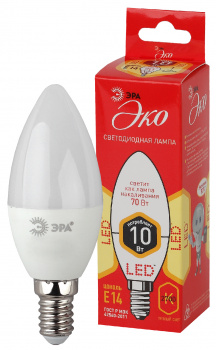Лампа светодиодная B35-10W E14 2700К, теплый белый ЭРА ECO (свеча)