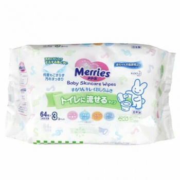 Детские влажные салфетки MERRIES растворяемые (сменный блок) 64шт