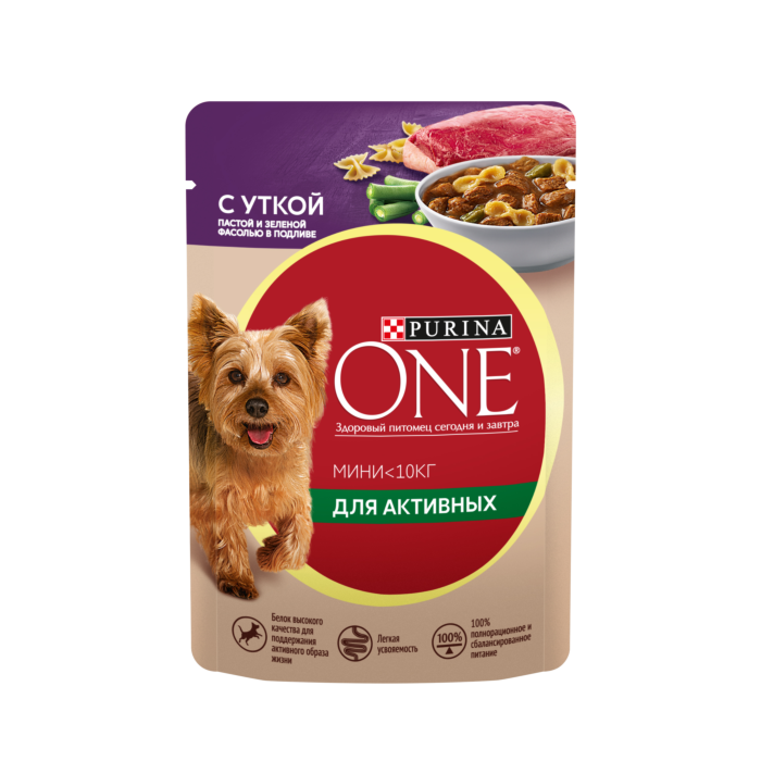 12453958 Влажный корм Purina ONE для активных собак с уткой, пастой и зеленой фасолью в подливе 85г