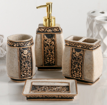 Набор «Индийский слон», 4 предмета: дозатор, мыльница, 2 стакана, бежевые