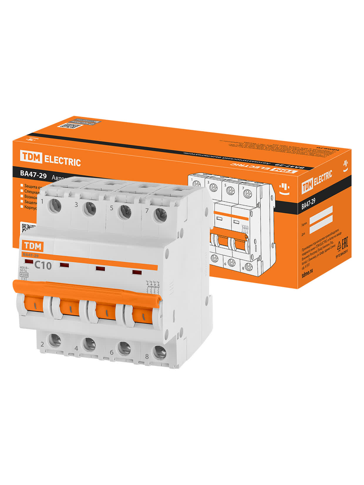 SQ0206-0123 Автоматический выключатель 4Р 10А ВА47-29 4,5кА х-ка С TDM