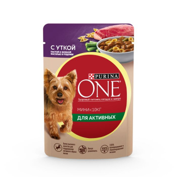 Влажный корм Purina ONE для активных собак с уткой, пастой и зеленой фасолью в подливе 85 г