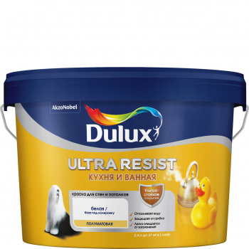 Краска Dulux Ultra Resist кухня и ванная полуматовая BW белая 2,5л