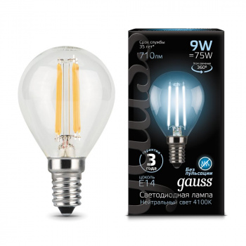 Лампа Gauss LED Filament 9W 710lm 4100К Е14 (филамент, шар)