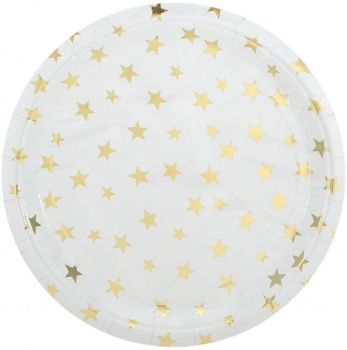 Тарелка БЕЛАЯ с золотыми звездами из ламинированного картона, диаметр 23 см, 6 шт в наборе 