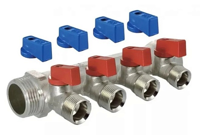Коллектор 4 выхода 3/4"х1/2" с шаровыми кранами, никель, красн+син ручки, TIM