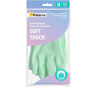 Перчатки латексные SOFT TOUCH с экстрактом алоэ хлопк. напыление, р-р M, PATERRA не марка