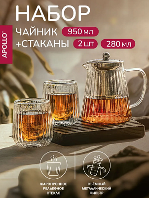 Набор чайник 950 мл + 2 бокала 280 мл APOLLO "Costolette"