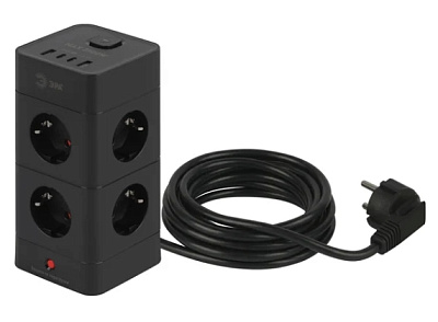Сетевой фильтр ЭРА TWR-8es-1,5m-4USB-B башня с заземл 8 розеток+4xUSBA+C 1,5м 16А черный