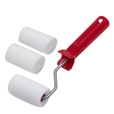 Мини-валик малярный с рукояткой "Поролон" (ось 6мм, D15мм) + 2 сменные шубки, 65мм, (уп.)