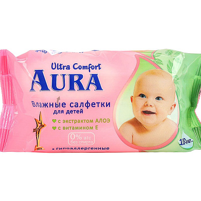 Салфетки влажн. детские АУРА УЛЬТРА КОМФОРТалоэ + витамин Е /100 не марка